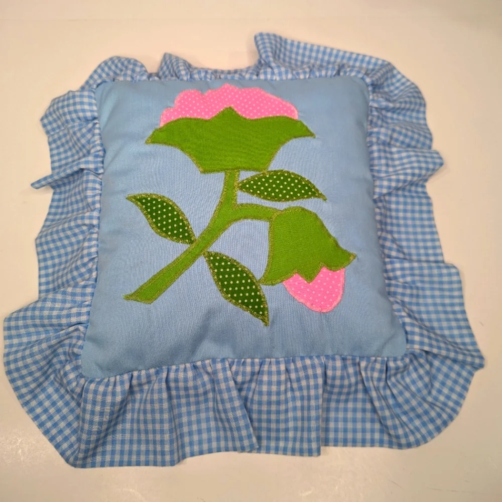 Handmade Cottagecore Blue Pillow with Pink Flower Applique Gingham Ruffle